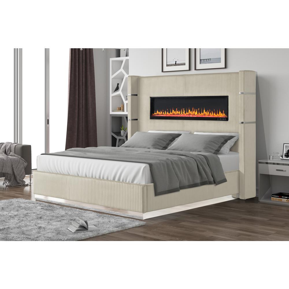 Queen/King Upholstered Bed with USB Ports, Fireplace Headboard  Made with Wood. Picture 1