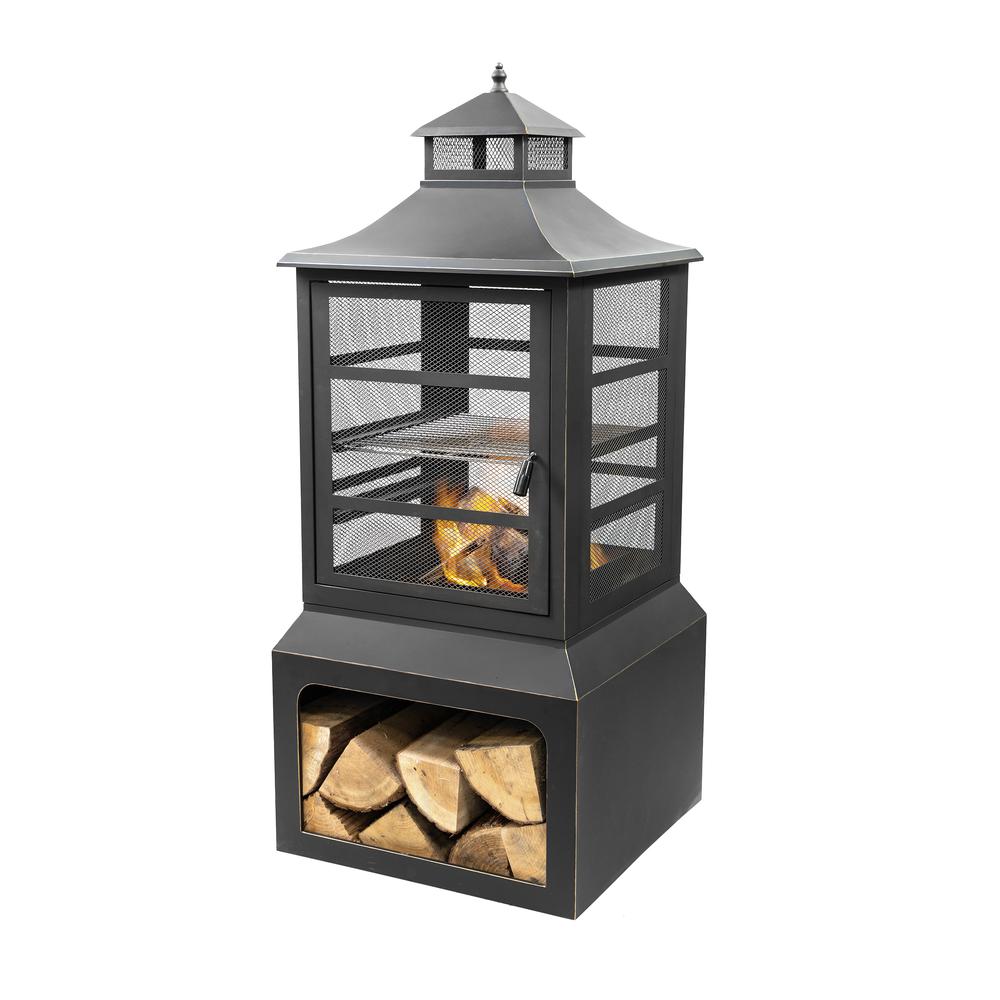 26" Square Outdoor Steel Woodburning Fireplace with Cooking Grill. Picture 1