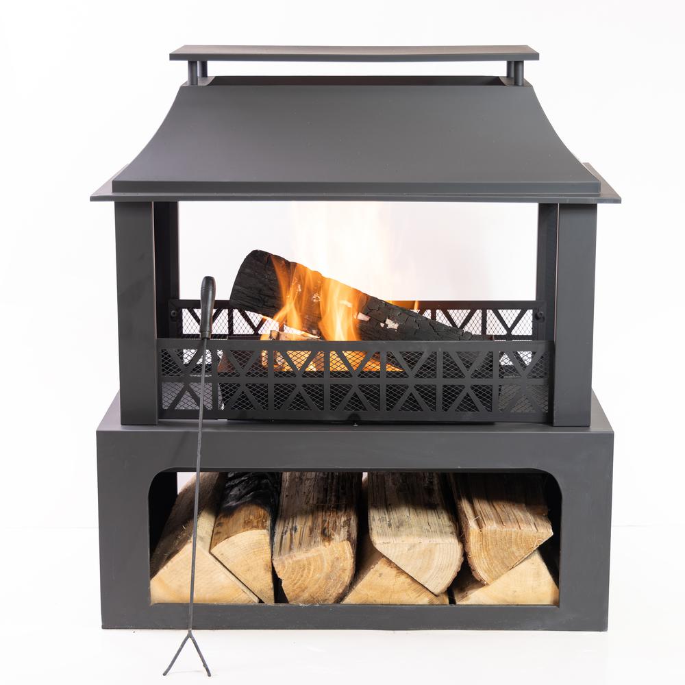 36 Inch Rectangular Outdoor Steel Woodburning Fireplace with Log Storage. Picture 1