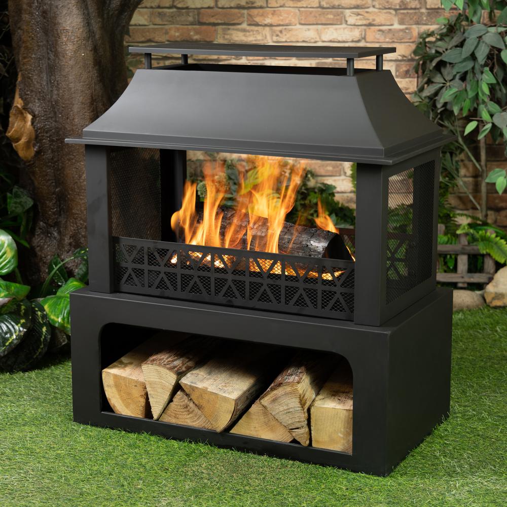 36 Inch Rectangular Outdoor Steel Woodburning Fireplace with Log Storage. Picture 5