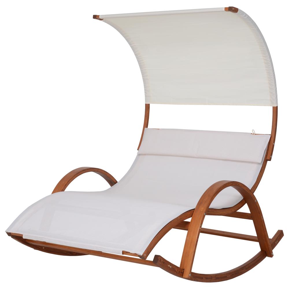 Outdoor Cedar Wood Patio Lounge Daybed with White Textilene Fabric & Canopy. Picture 1