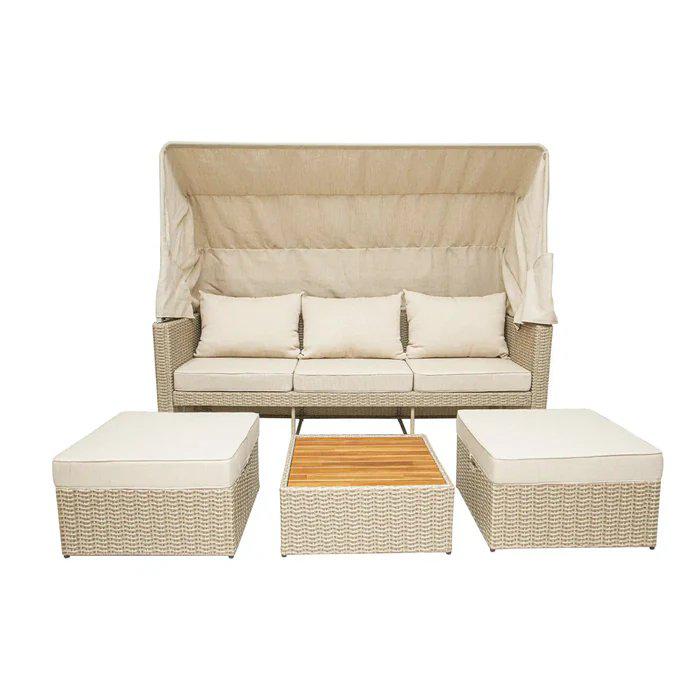 Outdoor Wicker Patio Sofa with Canopy & Ottoman Set. Picture 1