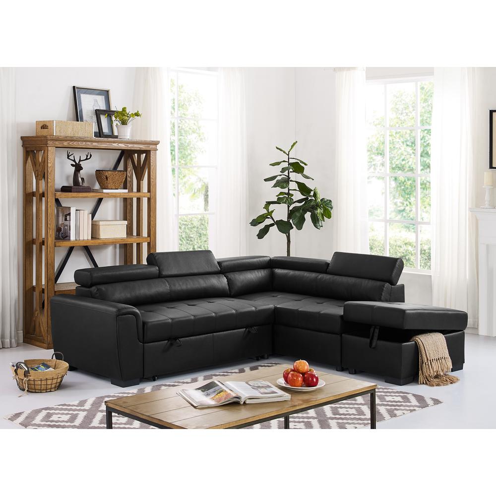 Right Hand Facing Sleeper Ottoman Sectional, Black. Picture 1