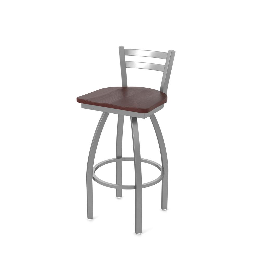 411 Jackie Low Back Stainless Steel 30" Swivel Bar Stool with Dark Cherry Oak Seat. Picture 1