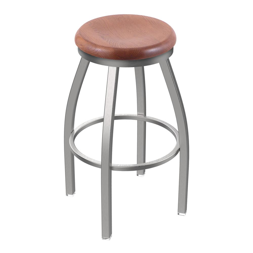 802 Misha Stainless Steel 30" Swivel Bar Stool with Medium Oak Seat. Picture 1