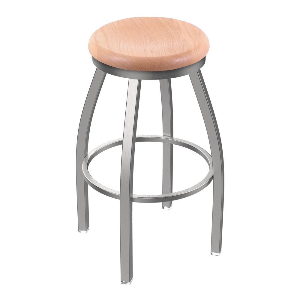 802 Misha Stainless Steel 30" Swivel Bar Stool with Natural Oak Seat. Picture 1