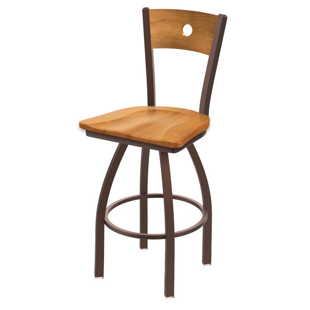 830 Voltaire 30" Swivel Counter Stool with Bronze Finish, Medium Back, and Medium Maple Seat. Picture 1