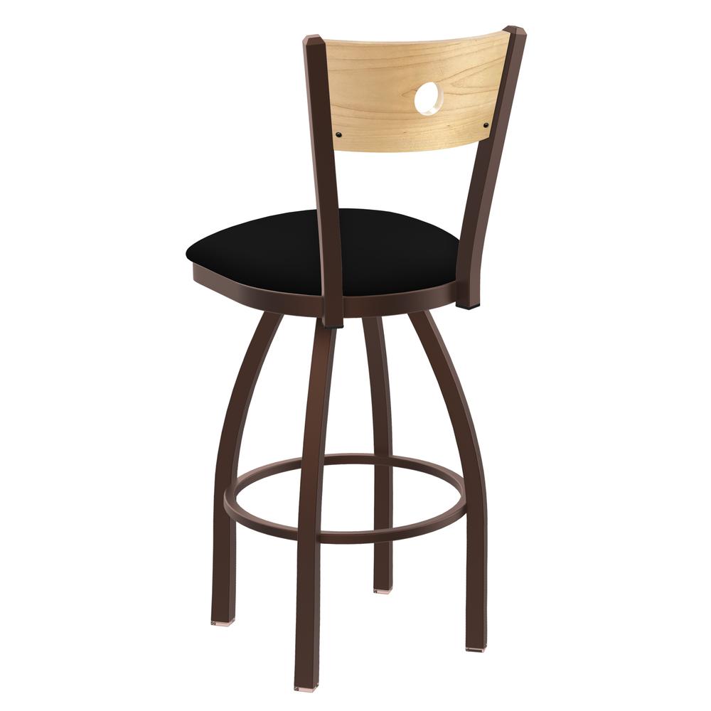 830 Voltaire 36" Swivel Counter Stool with Bronze Finish, Natural Back, and Black Vinyl Seat. Picture 2