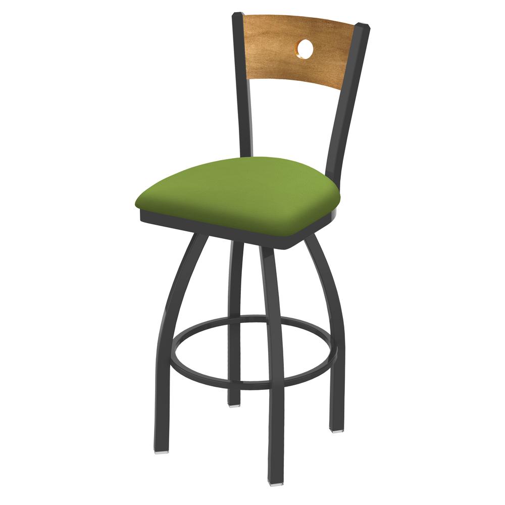830 Voltaire 30" Swivel Counter Stool with Pewter Finish, Medium Back, and Canter Kiwi Green Seat. Picture 1