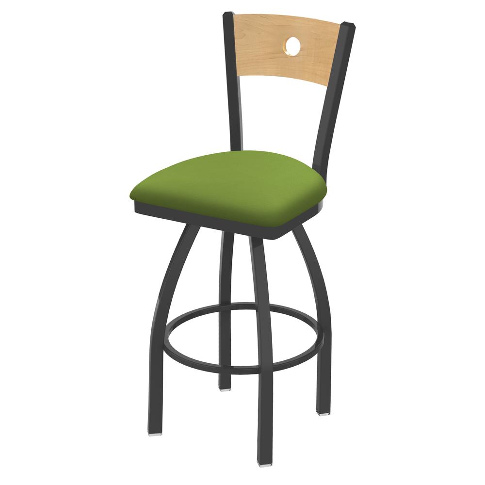 830 Voltaire 30" Swivel Counter Stool with Pewter Finish, Natural Back, and Canter Kiwi Green Seat. Picture 1