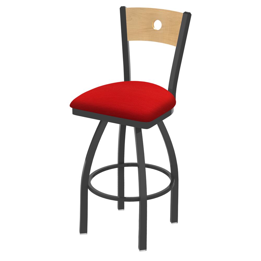 830 Voltaire 30" Swivel Counter Stool with Pewter Finish, Natural Back, and Canter Red Seat. Picture 1