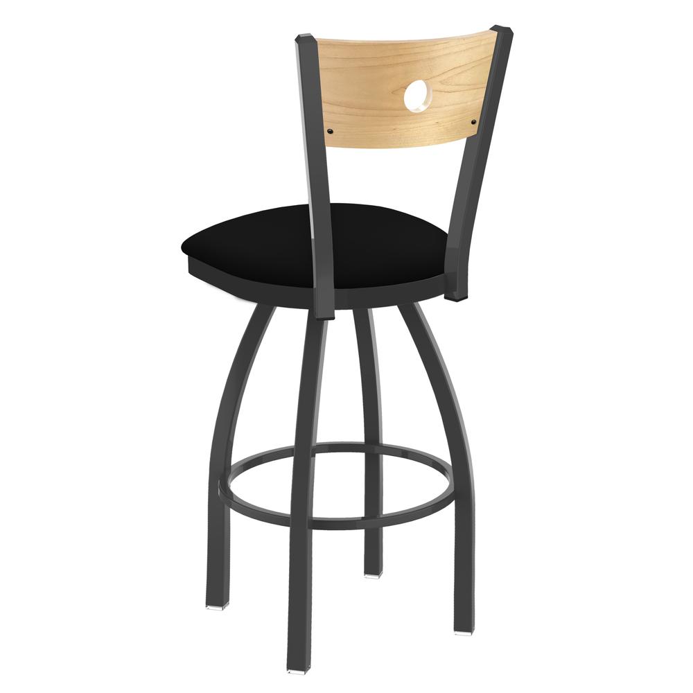 830 Voltaire 36" Swivel Counter Stool with Pewter Finish, Natural Back, and Black Vinyl Seat. Picture 2