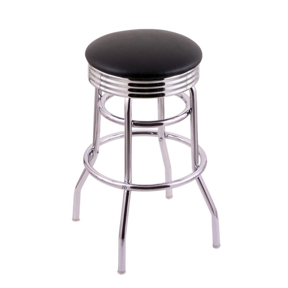 C7C3C Classic Series 30" Bar Stool with Chrome Finish, Ribbed Chrome Accent Ring, Black Vinyl Seat, and 360 swivel. Picture 1
