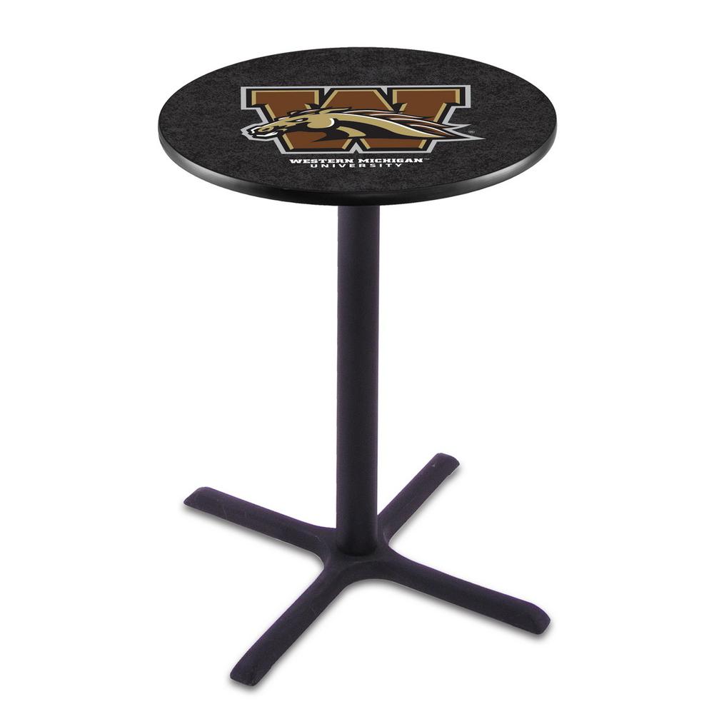 L211 Western Michigan University 36" Tall - 36" Top Pub Table with Black Wrinkle Finish. Picture 1