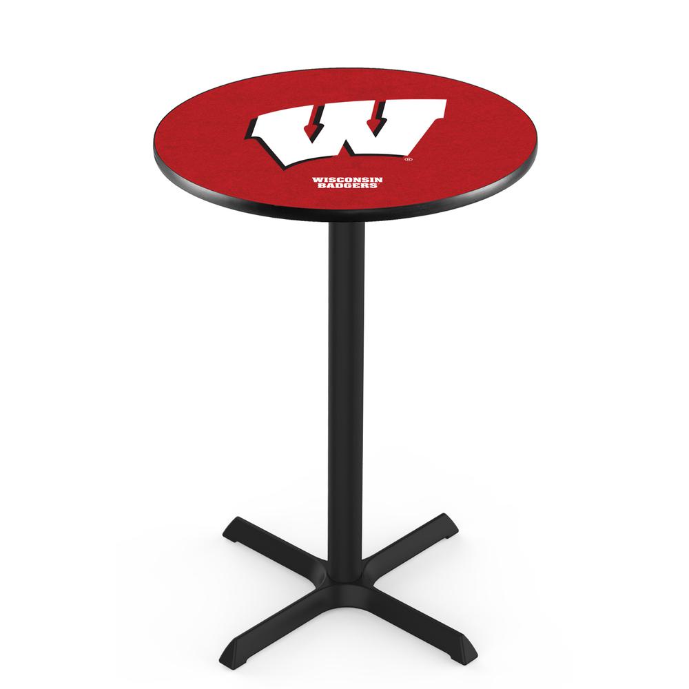 L211 University of Wisconsin (W)  36" Tall - 36" Top Pub Table with Black Wrinkle Finish. Picture 1