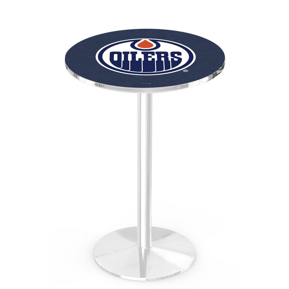 L214 Edmonton Oilers 36" Tall - 36" Top Pub Table with Chrome Finish (8631). Picture 1
