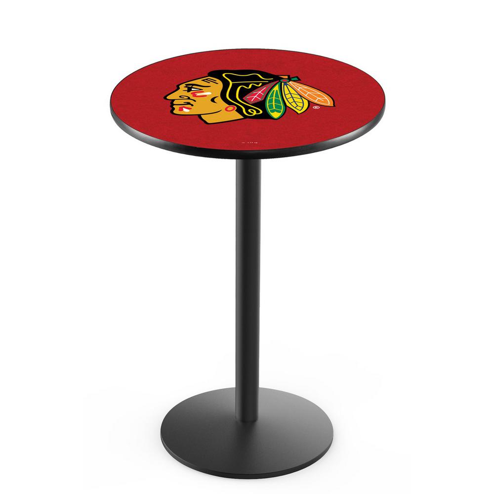 L214 Chicago Blackhawks (Red Background) 36' Tall - 36' Top Pub Table w/ Black Wrinkle Finish (6668). Picture 1