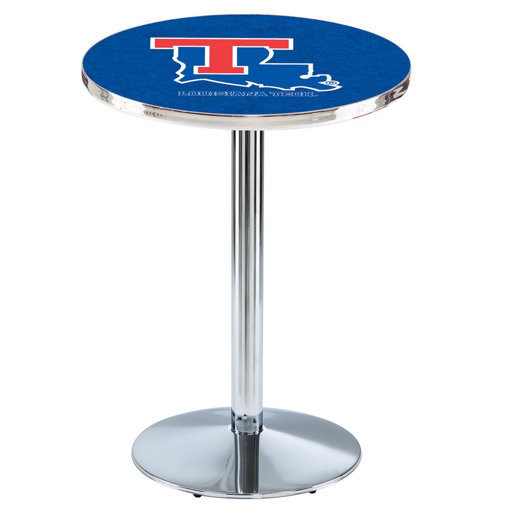 L214 Louisiana Tech University 36" Tall - 36" Top Pub Table with Chrome Finish. Picture 1