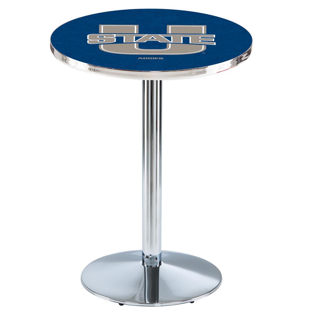 L214 Utah State University 36" Tall - 36" Top Pub Table with Chrome Finish. Picture 1