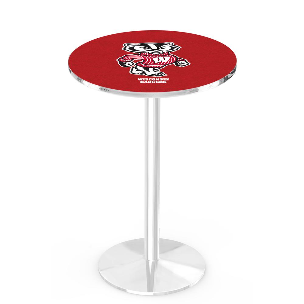 L214 University of Wisconsin (Badger)  36' Tall - 36' Top Pub Table w/ Chrome Finish. Picture 1