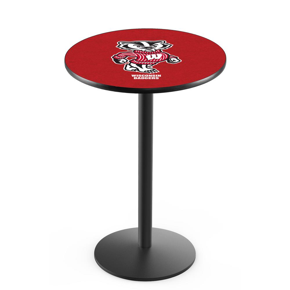 L214 University of Wisconsin (Badger)  36" Tall - 36" Top Pub Table with Black Wrinkle Finish. Picture 1