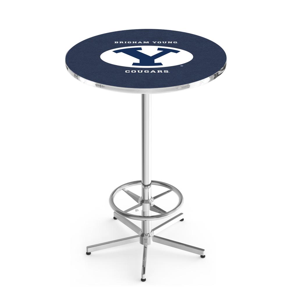 L216 Brigham Young University 42" Tall - 36" Top Pub Table with Chrome Finish. Picture 1