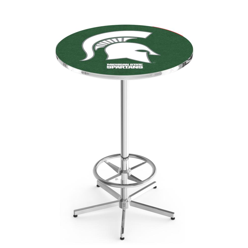 L216 Michigan State University 42" Tall - 36" Top Pub Table with Chrome Finish. Picture 1