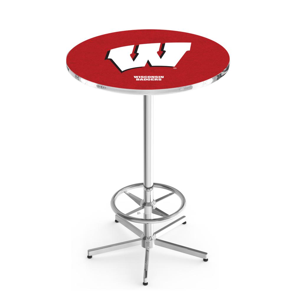 L216 University of Wisconsin (W)  42" Tall - 36" Top Pub Table with Chrome Finish. Picture 1