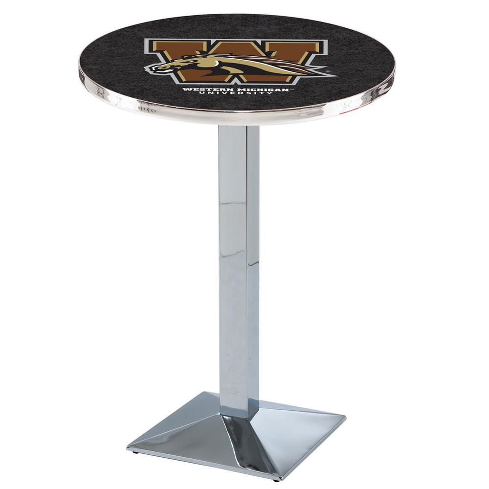 L217 Western Michigan University 36" Tall - 36" Top Pub Table with Chrome Finish. Picture 1