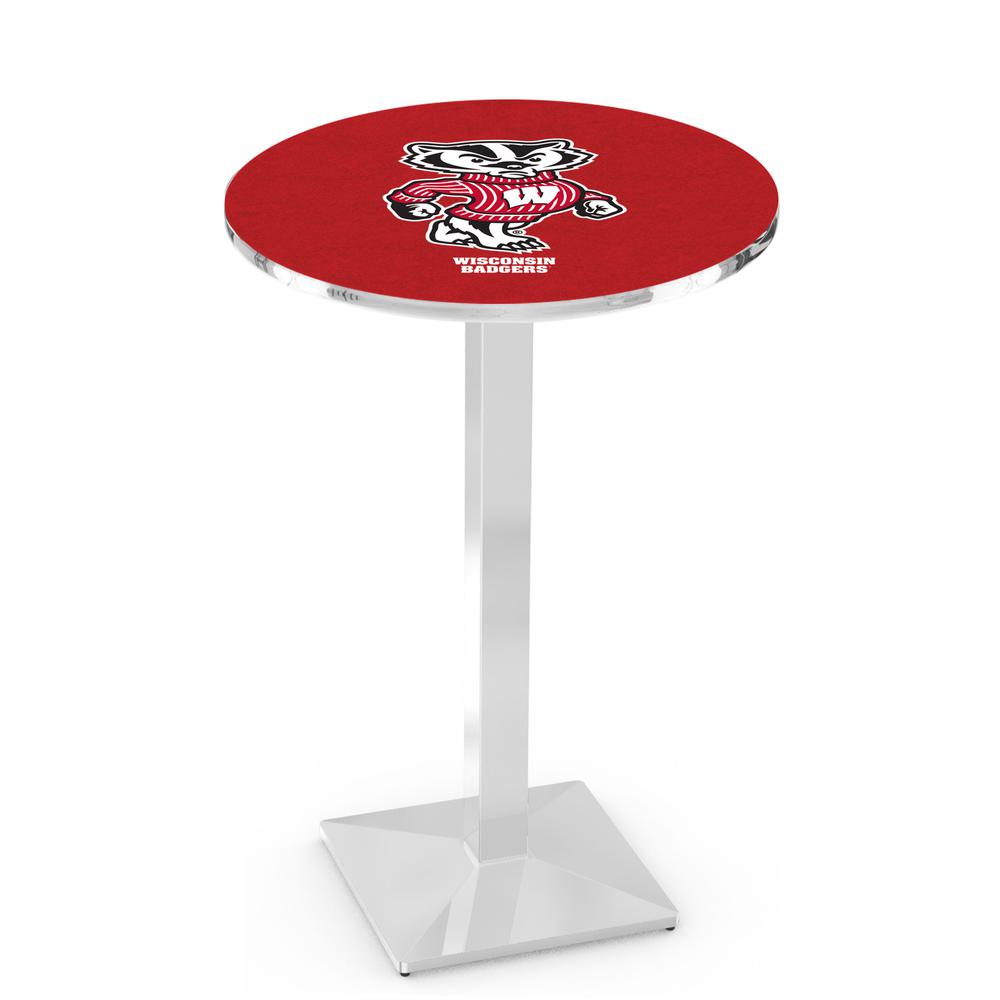 L217 University of Wisconsin (Badger)  36" Tall - 36" Top Pub Table with Chrome Finish. Picture 1