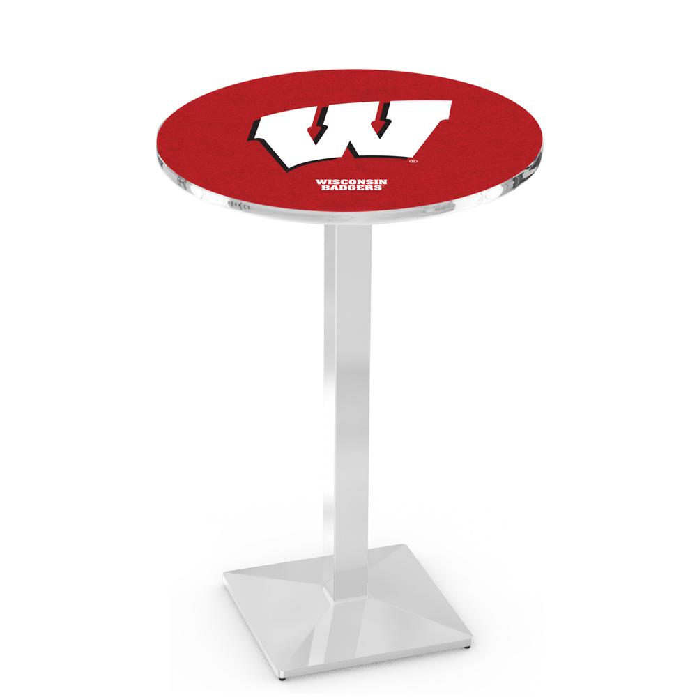 L217 University of Wisconsin (W)  36" Tall - 36" Top Pub Table with Chrome Finish. Picture 1