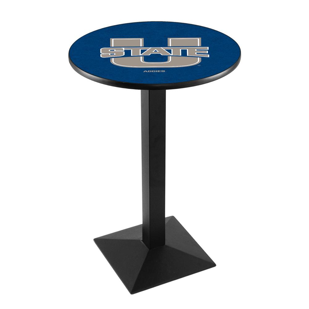 L217 Utah State University 36" Tall - 36" Top Pub Table with Black Wrinkle Finish. Picture 1