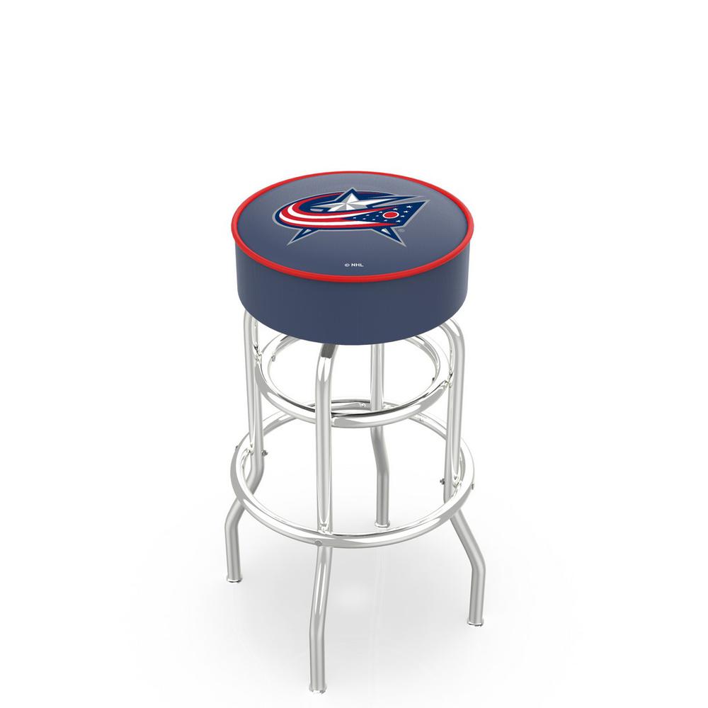 30" L7C1 - 4" Columbus Blue Jackets Cushion Seat with Double-Ring Chrome Base Swivel Bar Stool by Holland Bar Stool Company. Picture 1