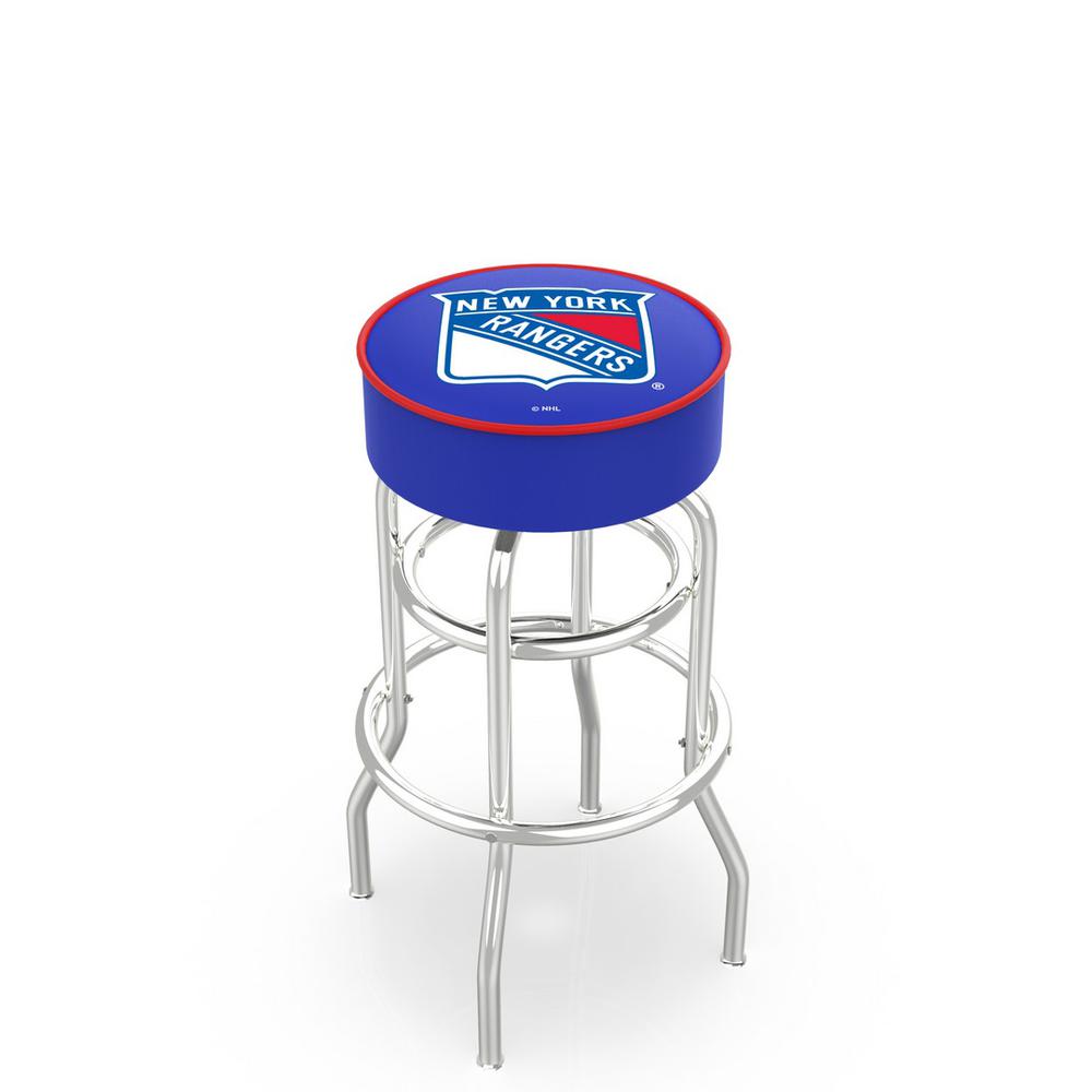 30" L7C1 - 4" New York Rangers Cushion Seat with Double-Ring Chrome Base Swivel Bar Stool by Holland Bar Stool Company. Picture 1
