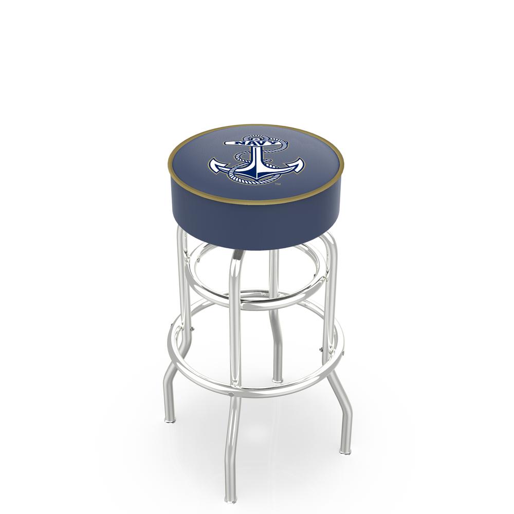 30" L7C1 - 4" US Naval Academy (NAVY) Cushion Seat with Double-Ring Chrome Base Swivel Bar Stool by Holland Bar Stool Company. Picture 1