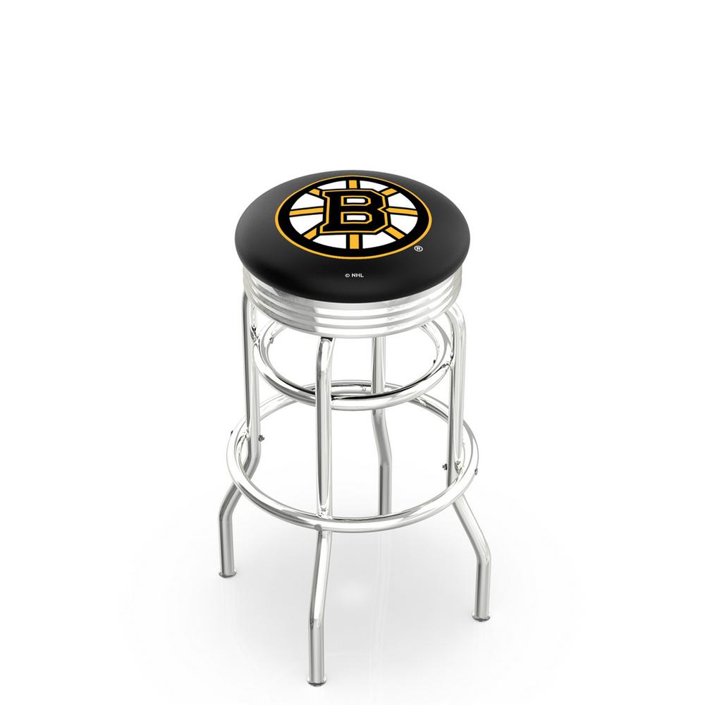 30" L7C3C - Chrome Double Ring Boston Bruins Swivel Bar Stool with 2.5" Ribbed Accent Ring by Holland Bar Stool Company. Picture 1