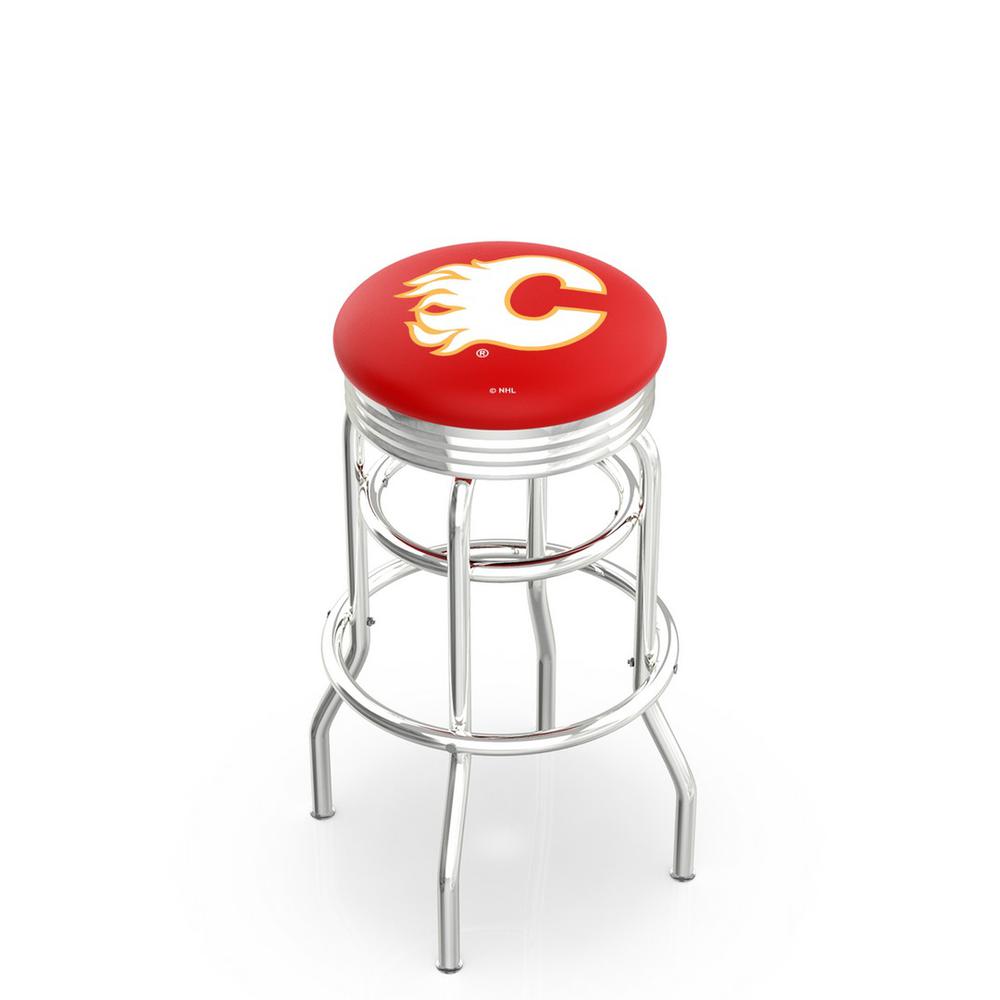 30" L7C3C - Chrome Double Ring Calgary Flames Swivel Bar Stool with 2.5" Ribbed Accent Ring by Holland Bar Stool Company. Picture 1