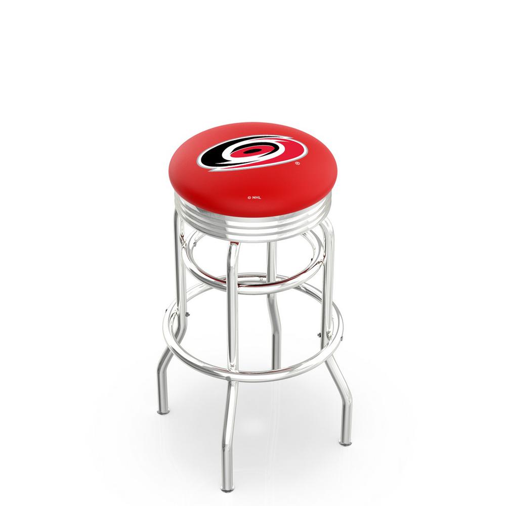 30" L7C3C - Chrome Double Ring Carolina Hurricanes Swivel Bar Stool with 2.5" Ribbed Accent Ring by Holland Bar Stool Company. Picture 1