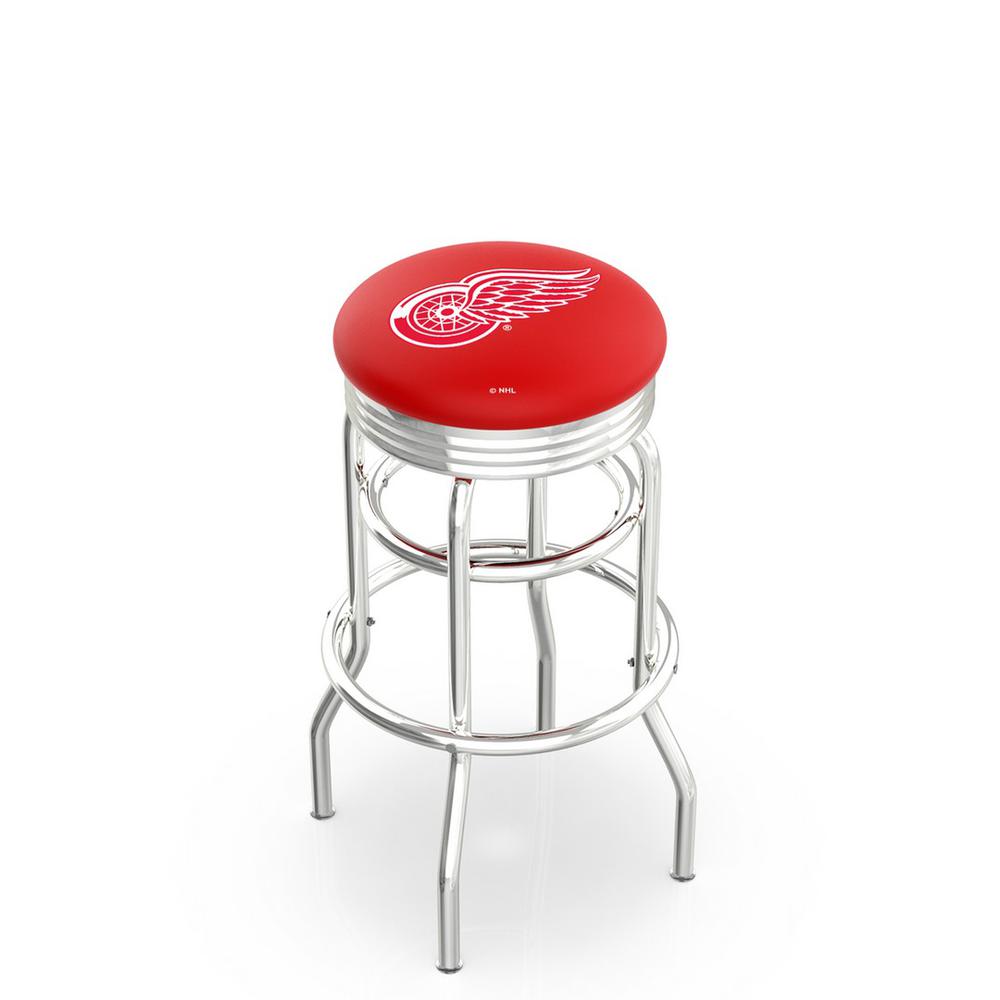 30" L7C3C - Chrome Double Ring Detroit Red Wings Swivel Bar Stool with 2.5" Ribbed Accent Ring by Holland Bar Stool Company. Picture 1