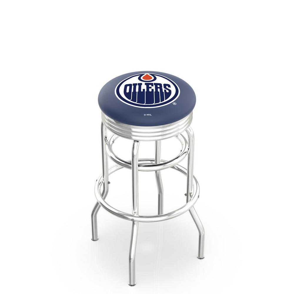 30" L7C3C - Chrome Double Ring Edmonton Oilers Swivel Bar Stool with 2.5" Ribbed Accent Ring by Holland Bar Stool Company. The main picture.