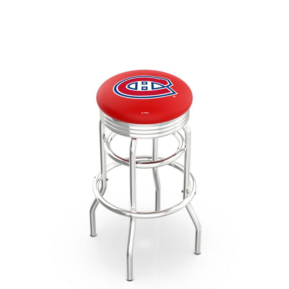 30" L7C3C - Chrome Double Ring Montreal Canadiens Swivel Bar Stool with 2.5" Ribbed Accent Ring by Holland Bar Stool Company. Picture 1