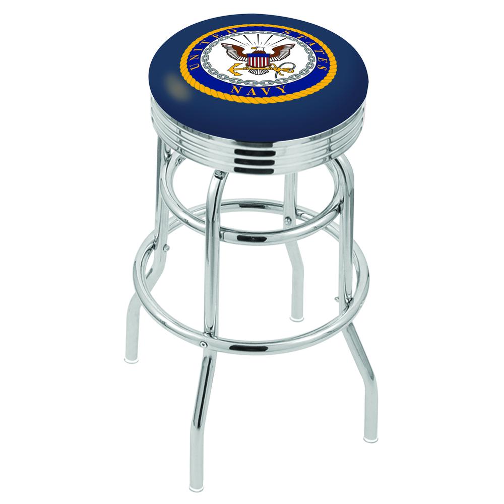 30" L7C3C - Chrome Double Ring U.S. Navy Swivel Bar Stool with 2.5" Ribbed Accent Ring by Holland Bar Stool Company. Picture 1