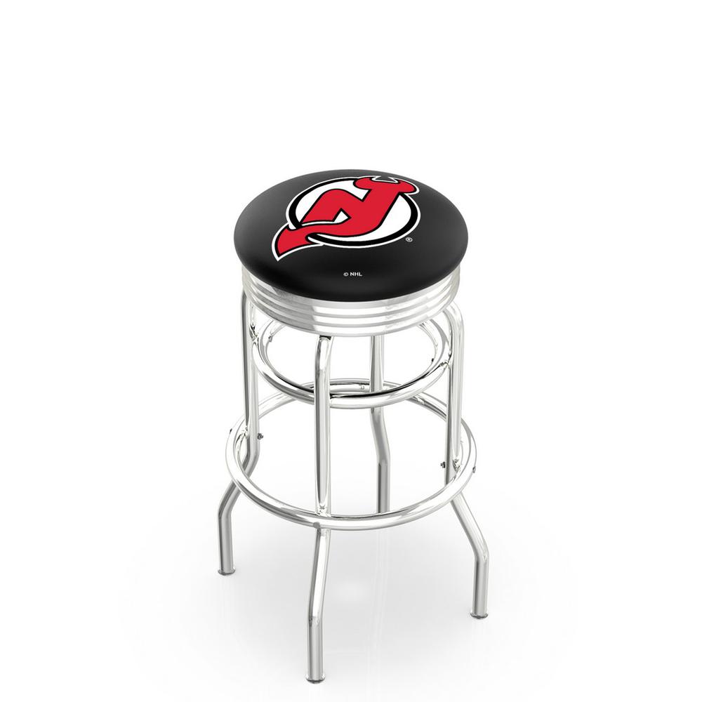 30" L7C3C - Chrome Double Ring New Jersey Devils Swivel Bar Stool with 2.5" Ribbed Accent Ring by Holland Bar Stool Company. Picture 1
