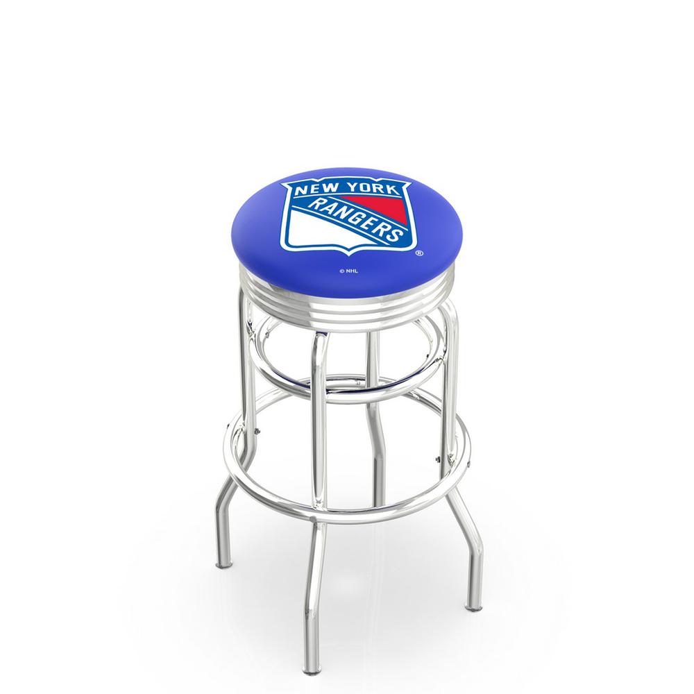 30" L7C3C - Chrome Double Ring New York Rangers Swivel Bar Stool with 2.5" Ribbed Accent Ring by Holland Bar Stool Company. Picture 1