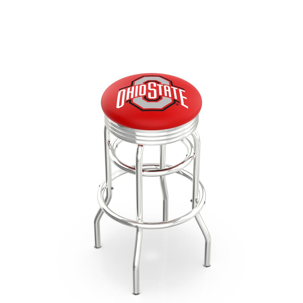 30" L7C3C - Chrome Double Ring Ohio State Swivel Bar Stool with 2.5" Ribbed Accent Ring by Holland Bar Stool Company. Picture 1