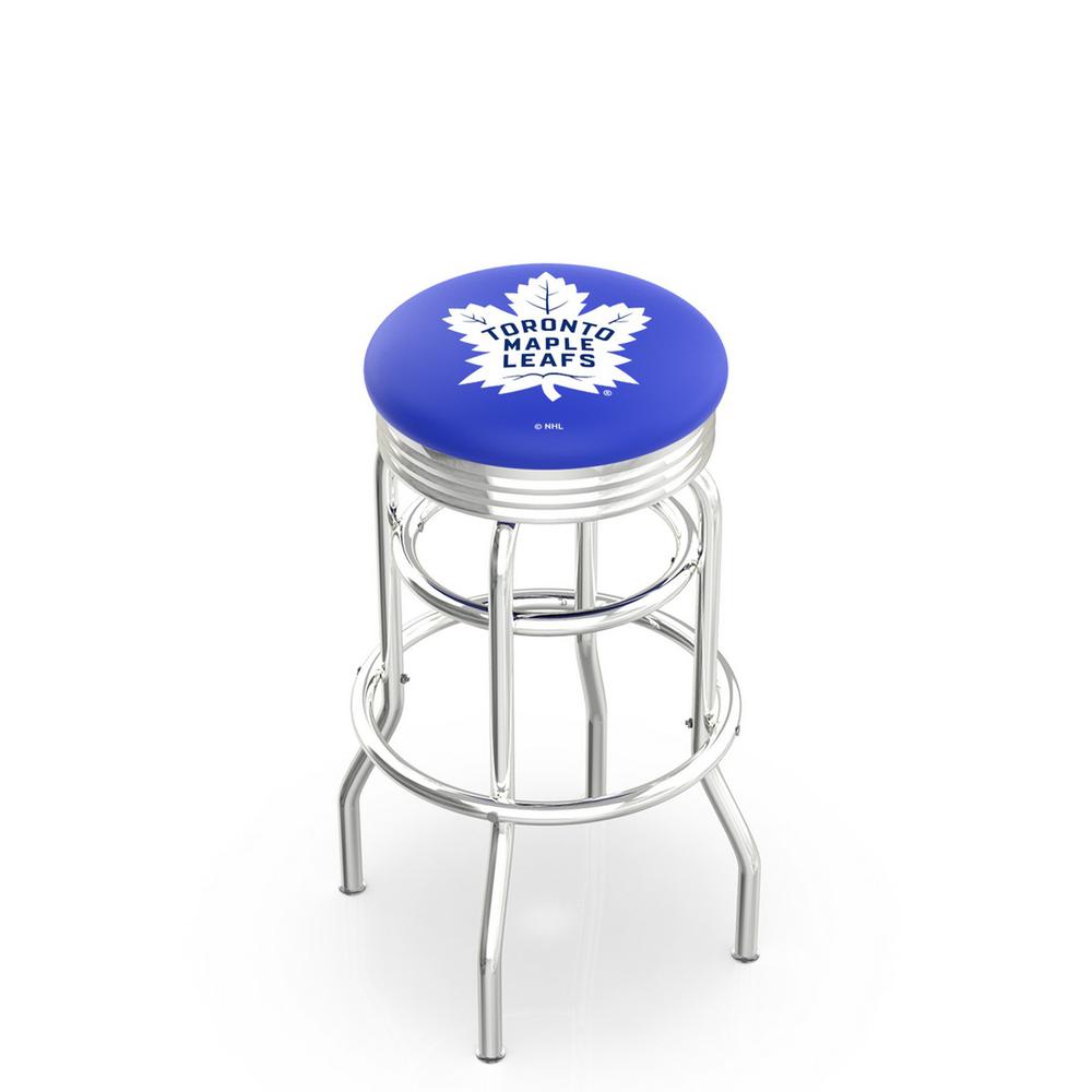 30" L7C3C - Chrome Double Ring Toronto Maple Leafs Swivel Bar Stool with 2.5" Ribbed Accent Ring by Holland Bar Stool Company. Picture 1