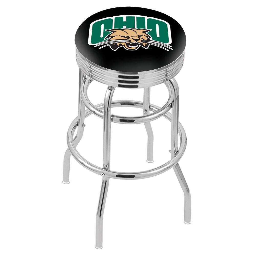 30" L7C3C - Chrome Double Ring Ohio University Swivel Bar Stool with 2.5" Ribbed Accent Ring by Holland Bar Stool Company. Picture 1