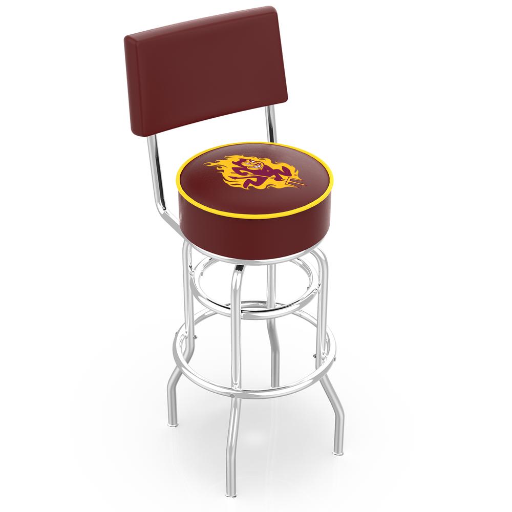 30" L7C4 - Chrome Double Ring Arizona State Swivel Bar Stool with a Back and Sparky Logo by Holland Bar Stool Company. Picture 1