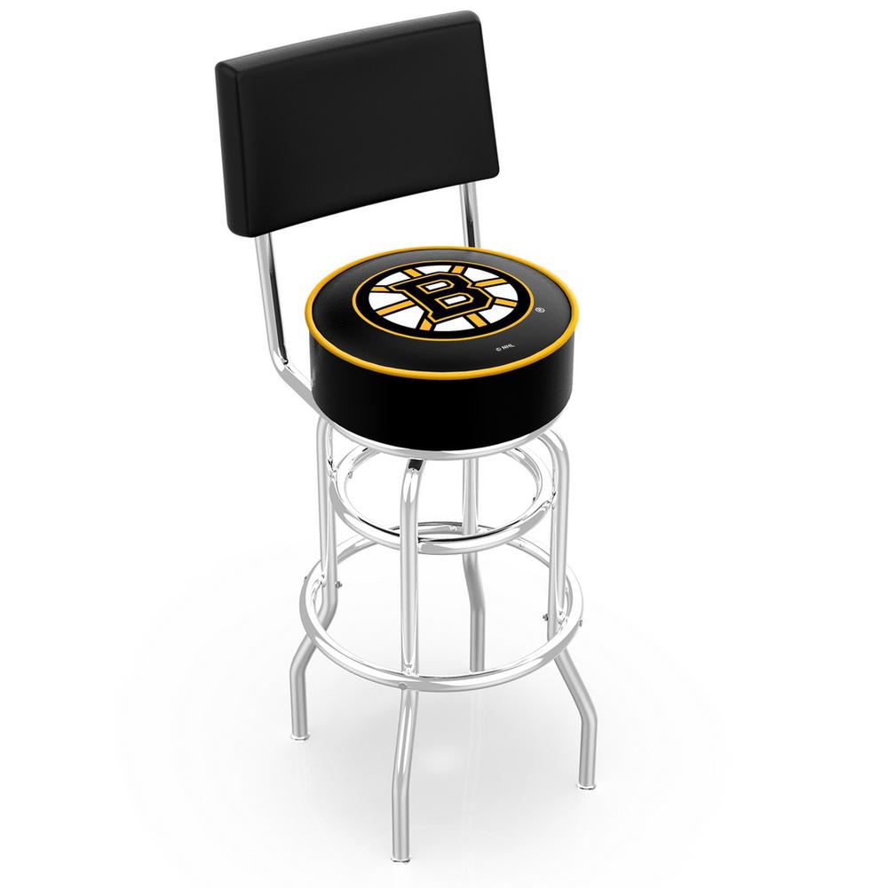 30" L7C4 - Chrome Double Ring Boston Bruins Swivel Bar Stool with a Back by Holland Bar Stool Company. Picture 1