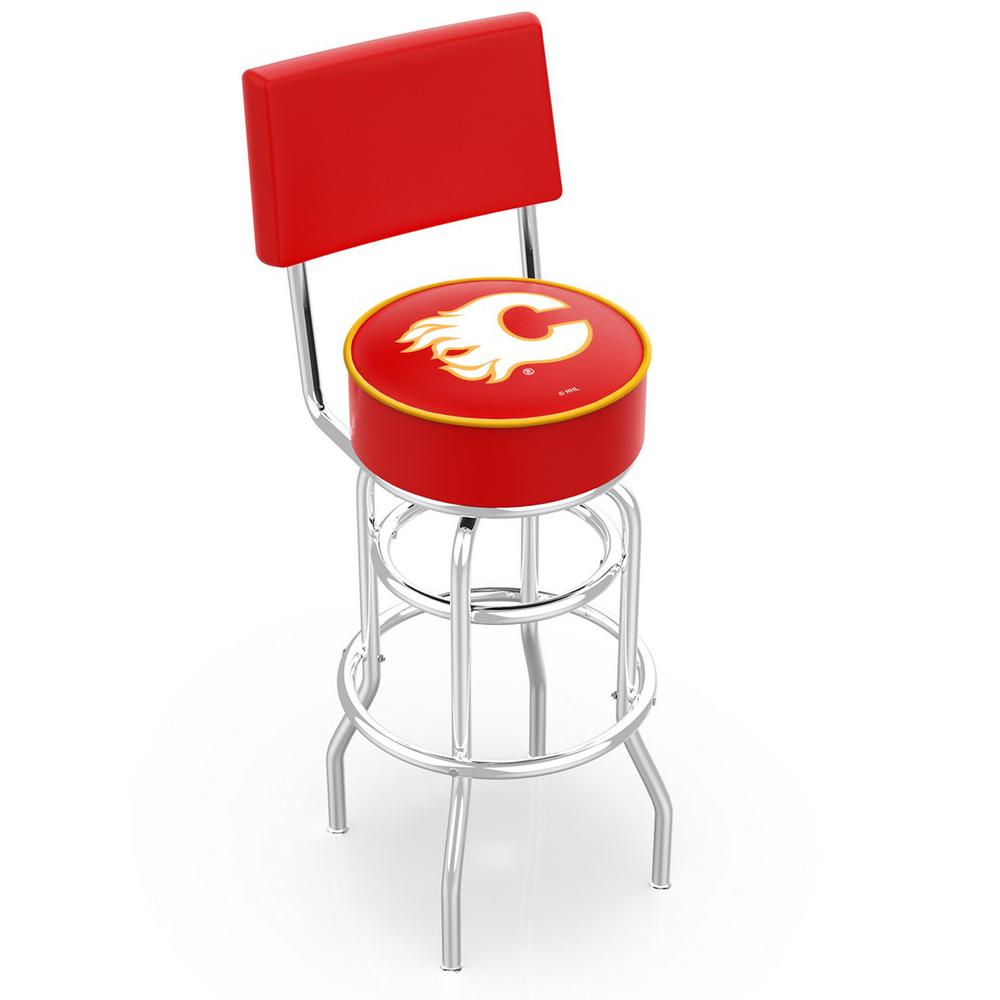 30" L7C4 - Chrome Double Ring Calgary Flames Swivel Bar Stool with a Back by Holland Bar Stool Company. Picture 1